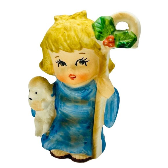 Lefton Shepherd Boy Girl Sheep Staff Figurine Christmas Holy Vintage Hand Paint - Picture 4 of 11